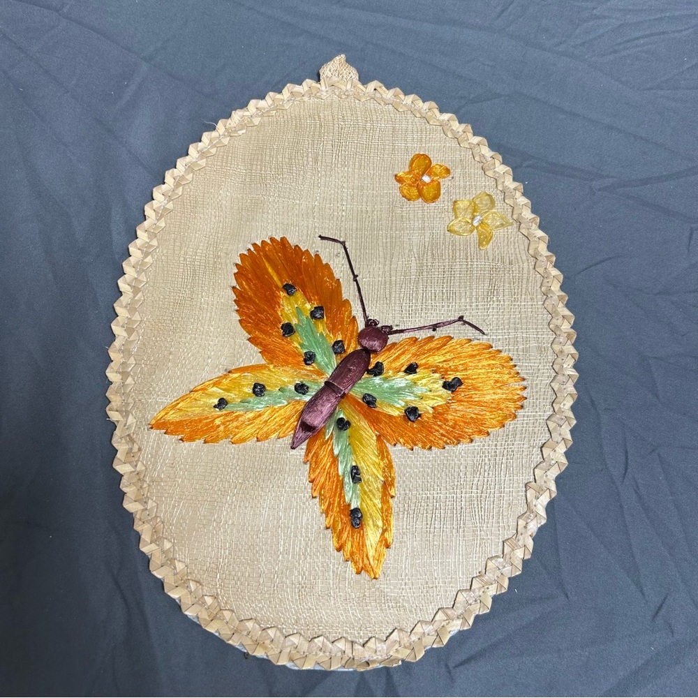 Vintage 1970s Flowers and Butterfly Woven Straw Fiber Raffia Art Wall Decor MCM
